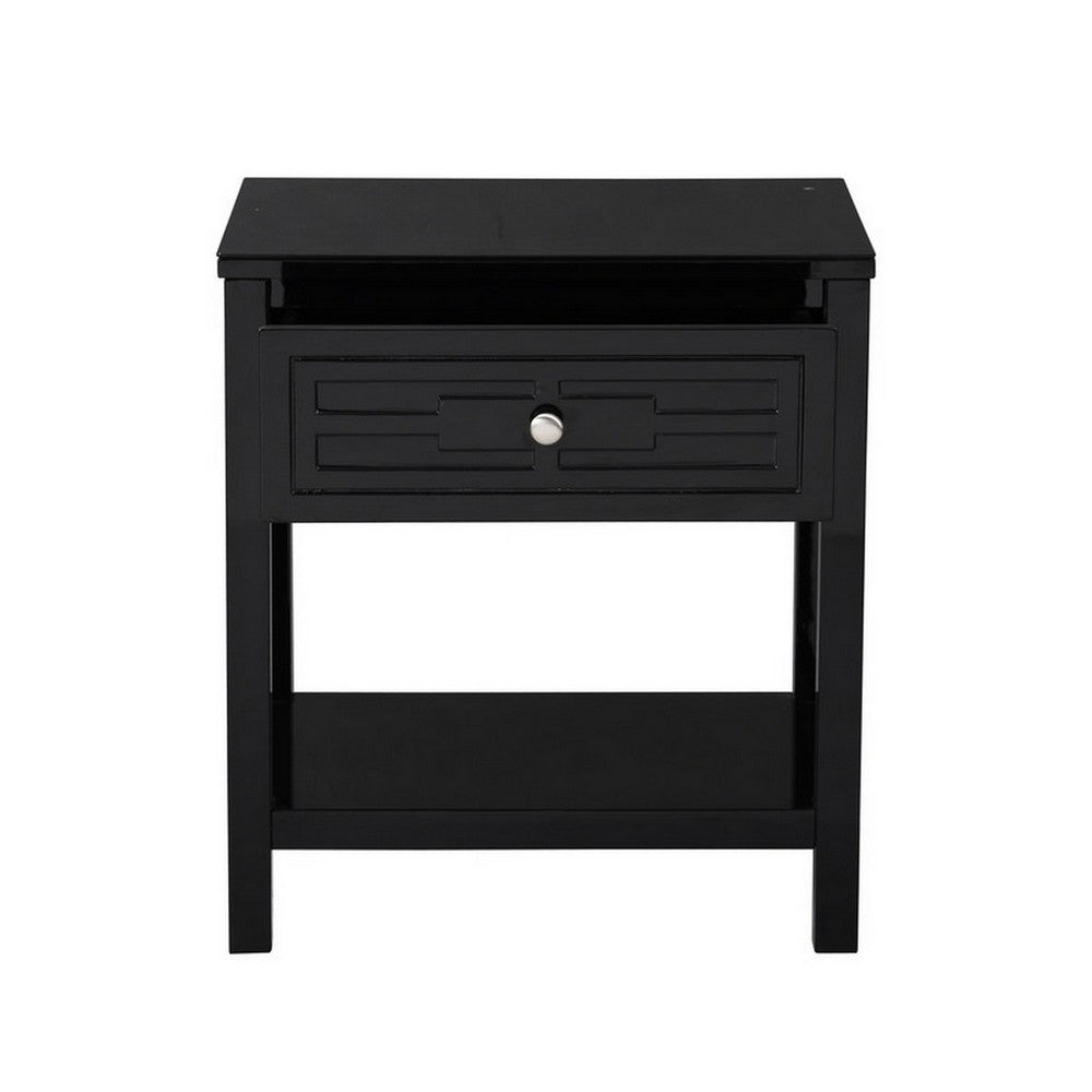 Benjara Fimo 27 Inch Nightstand with Drawer And Shelf, Glass Top, Modern Black Wood