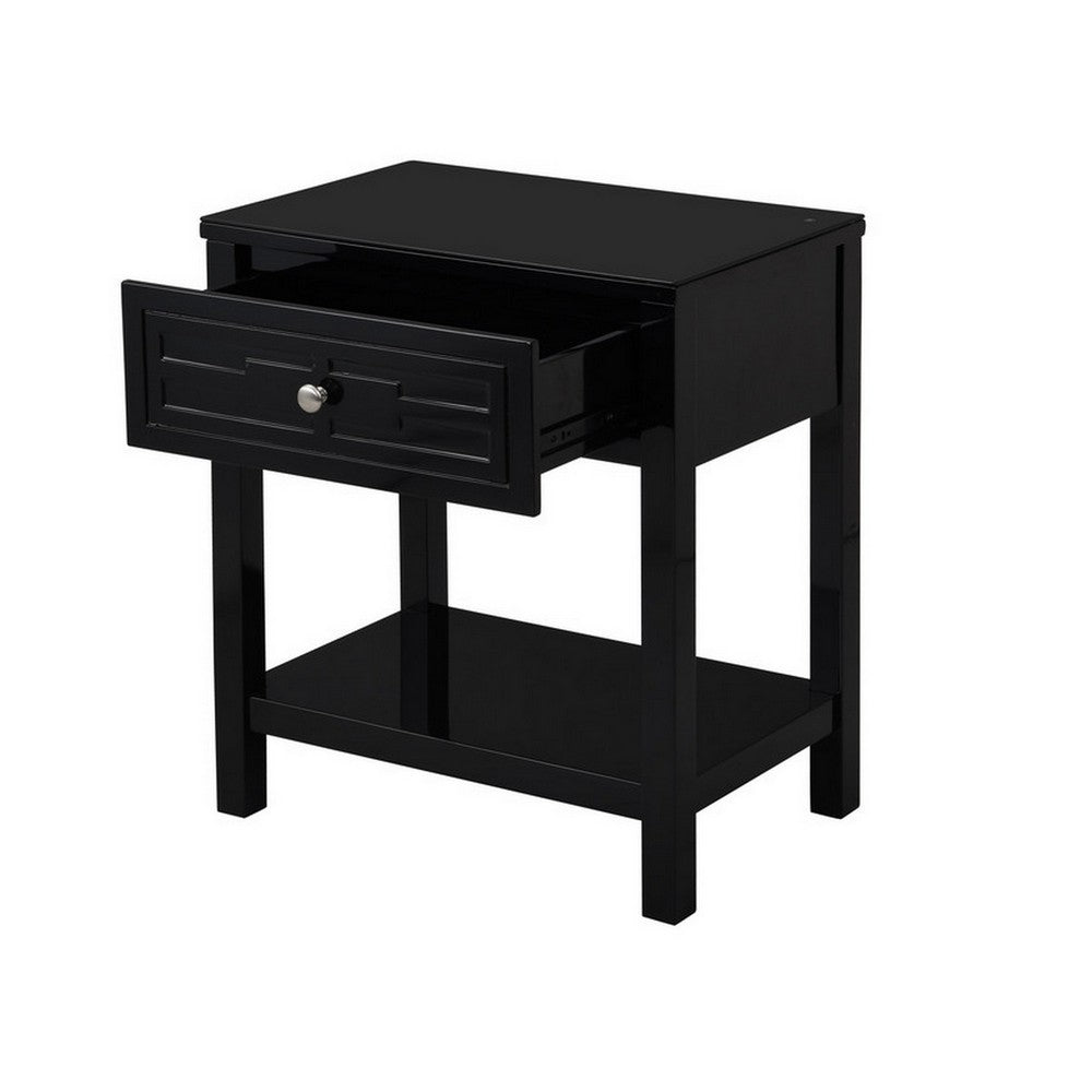 Benjara Fimo 27 Inch Nightstand with Drawer And Shelf, Glass Top, Modern Black Wood