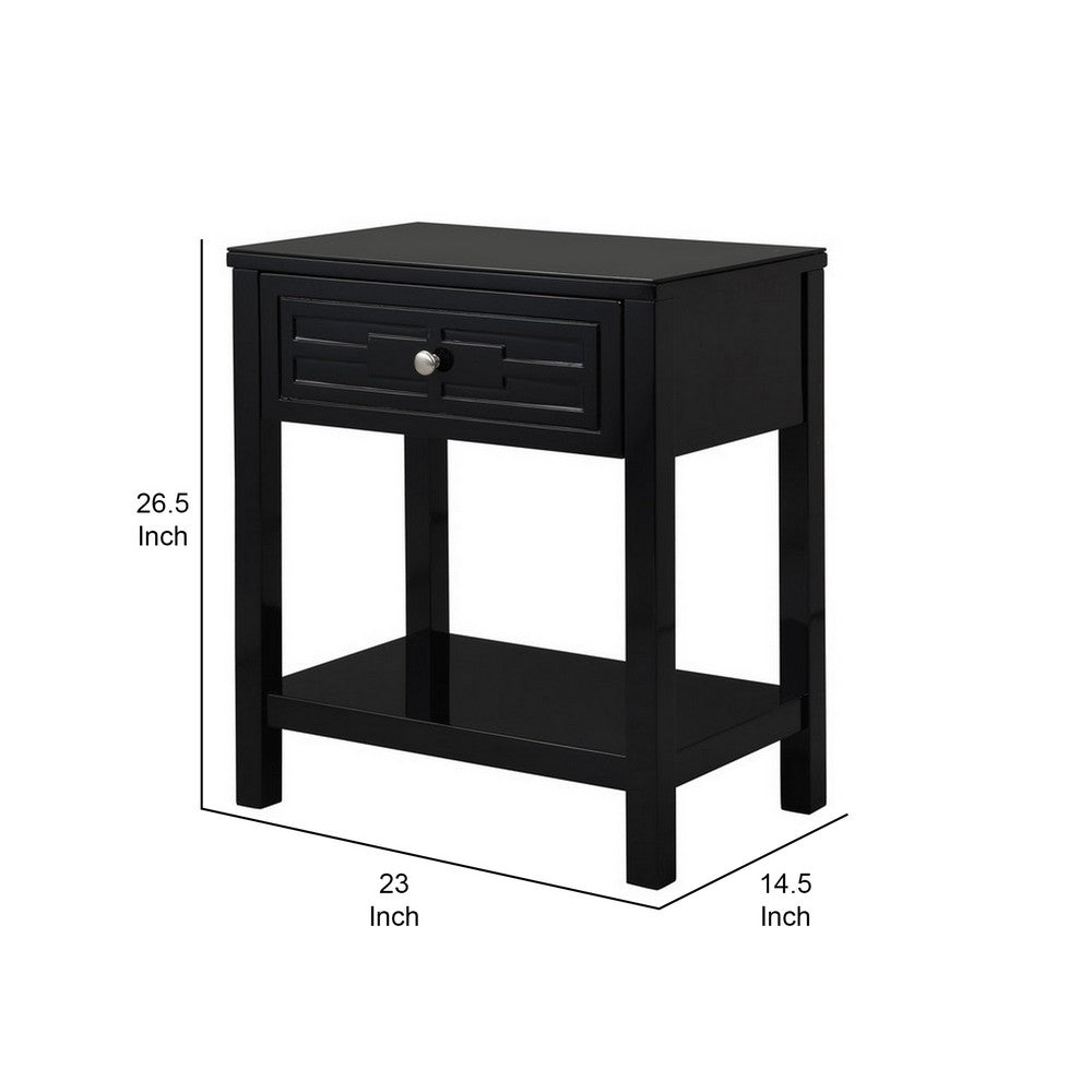 Benjara Fimo 27 Inch Nightstand with Drawer And Shelf, Glass Top, Modern Black Wood