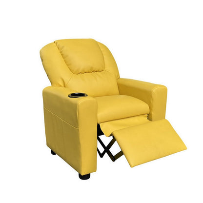 Benjara Kids Youth Recliner Chair with Cup Holder, Yellow Faux Leather Upholstery