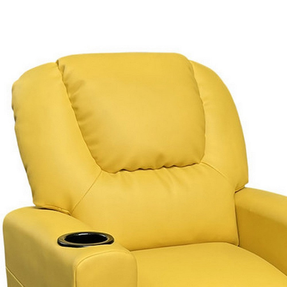 Benjara Kids Youth Recliner Chair with Cup Holder, Yellow Faux Leather Upholstery