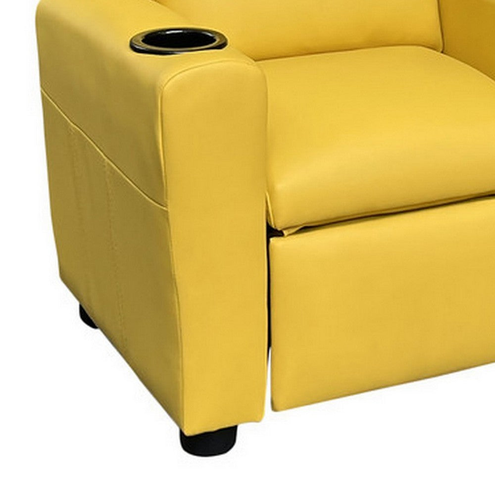 Benjara Kids Youth Recliner Chair with Cup Holder, Yellow Faux Leather Upholstery