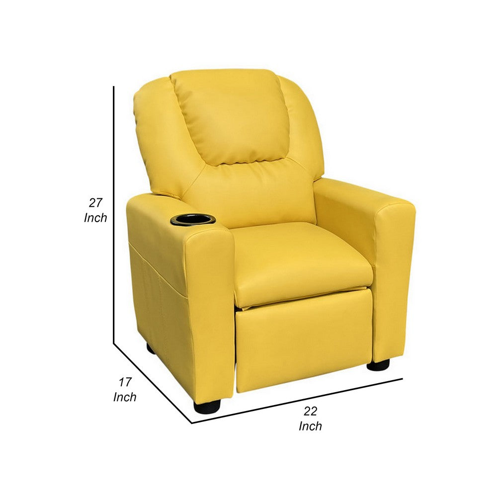 Benjara Kids Youth Recliner Chair with Cup Holder, Yellow Faux Leather Upholstery