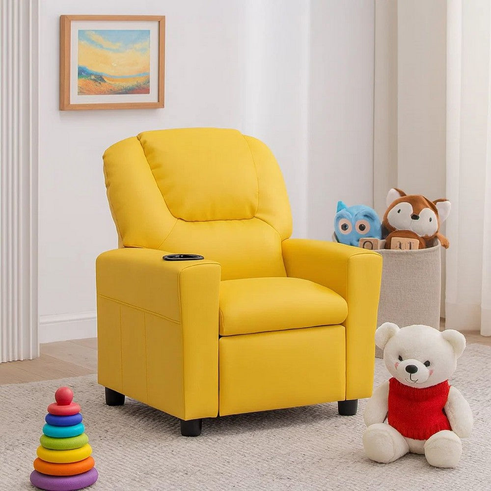 Benjara Kids Youth Recliner Chair with Cup Holder, Yellow Faux Leather Upholstery