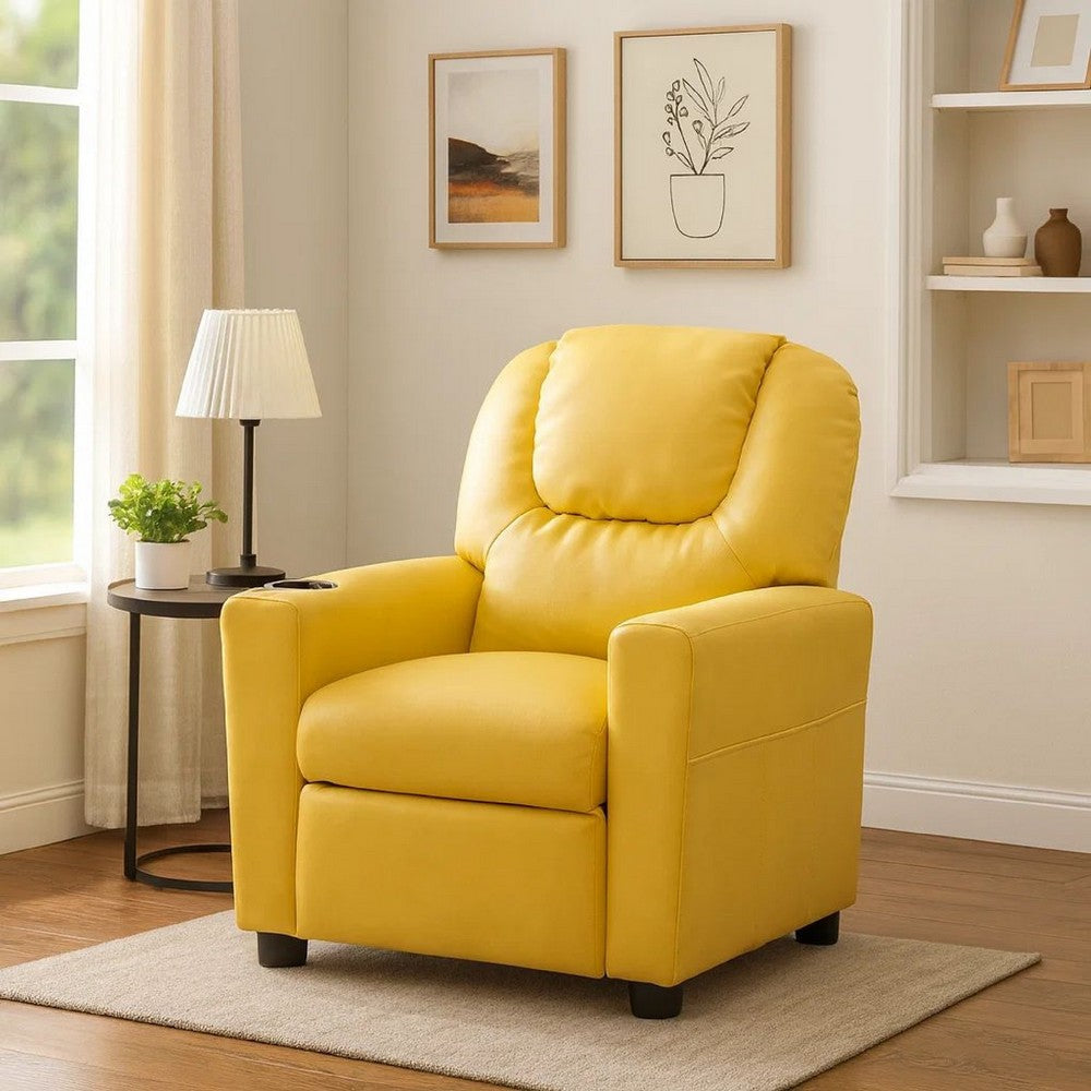 Benjara Kids Youth Recliner Chair with Cup Holder, Yellow Faux Leather Upholstery