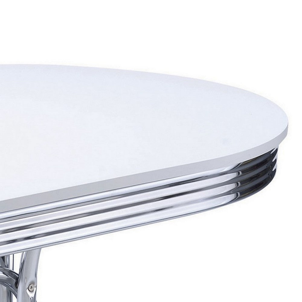 Benjara Loy 60 Inch Oval Dining Table, Glossy White Wood Top, Ribbed Chrome Apron