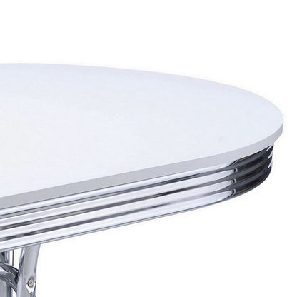 Benjara Loy 60 Inch Oval Dining Table, Glossy White Wood Top, Ribbed Chrome Apron