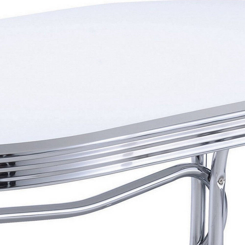 Benjara Loy 60 Inch Oval Dining Table, Glossy White Wood Top, Ribbed Chrome Apron