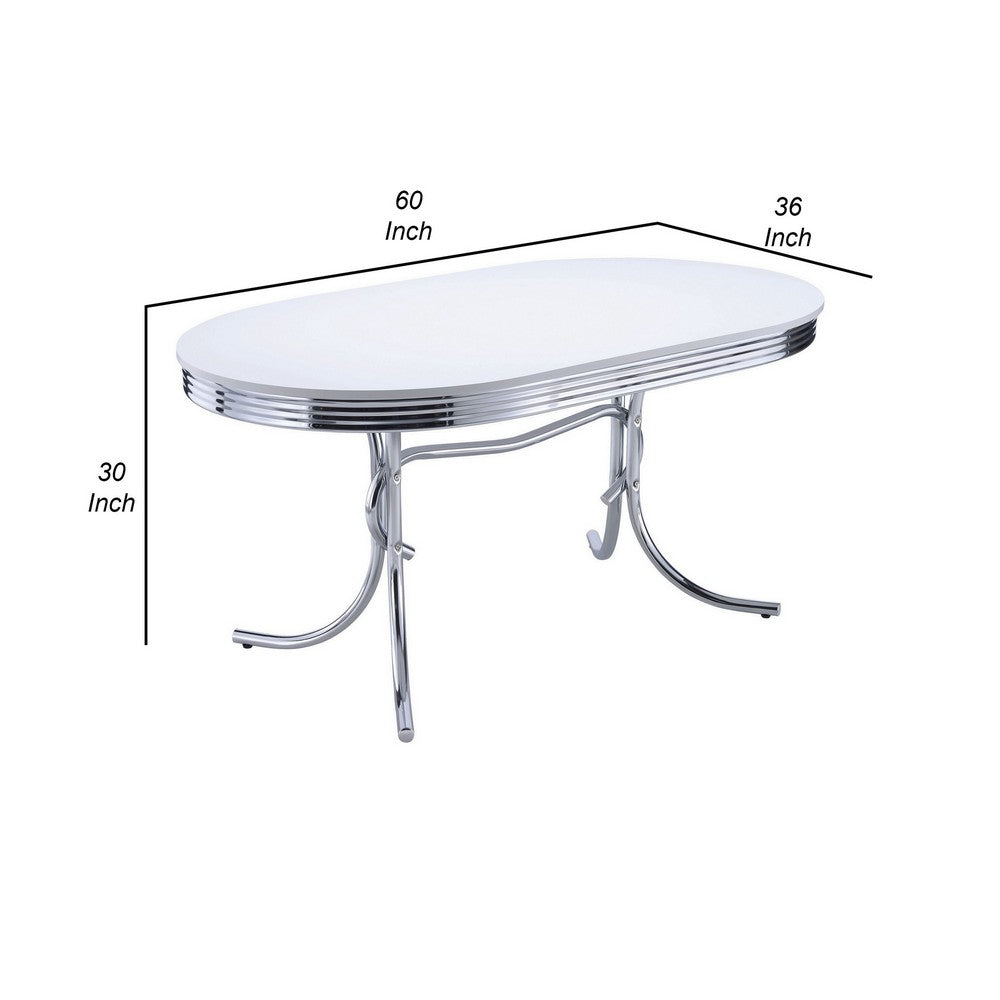 Benjara Loy 60 Inch Oval Dining Table, Glossy White Wood Top, Ribbed Chrome Apron
