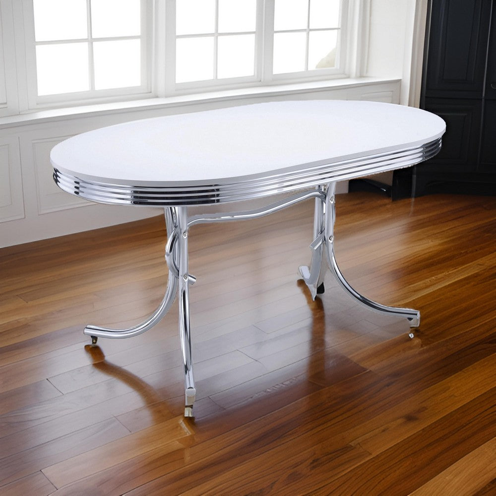 Benjara Loy 60 Inch Oval Dining Table, Glossy White Wood Top, Ribbed Chrome Apron