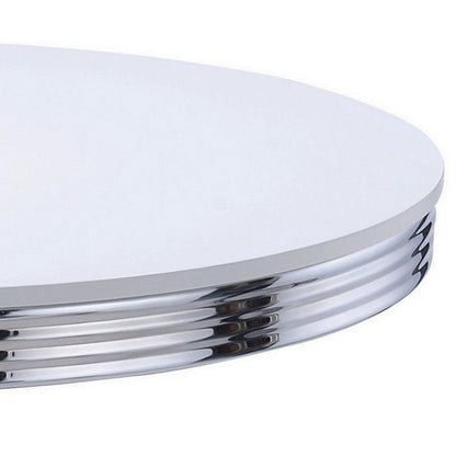 Benjara Loy 42 Inch Round Dining Table, Glossy White Wood Top, Ribbed Chrome Apron