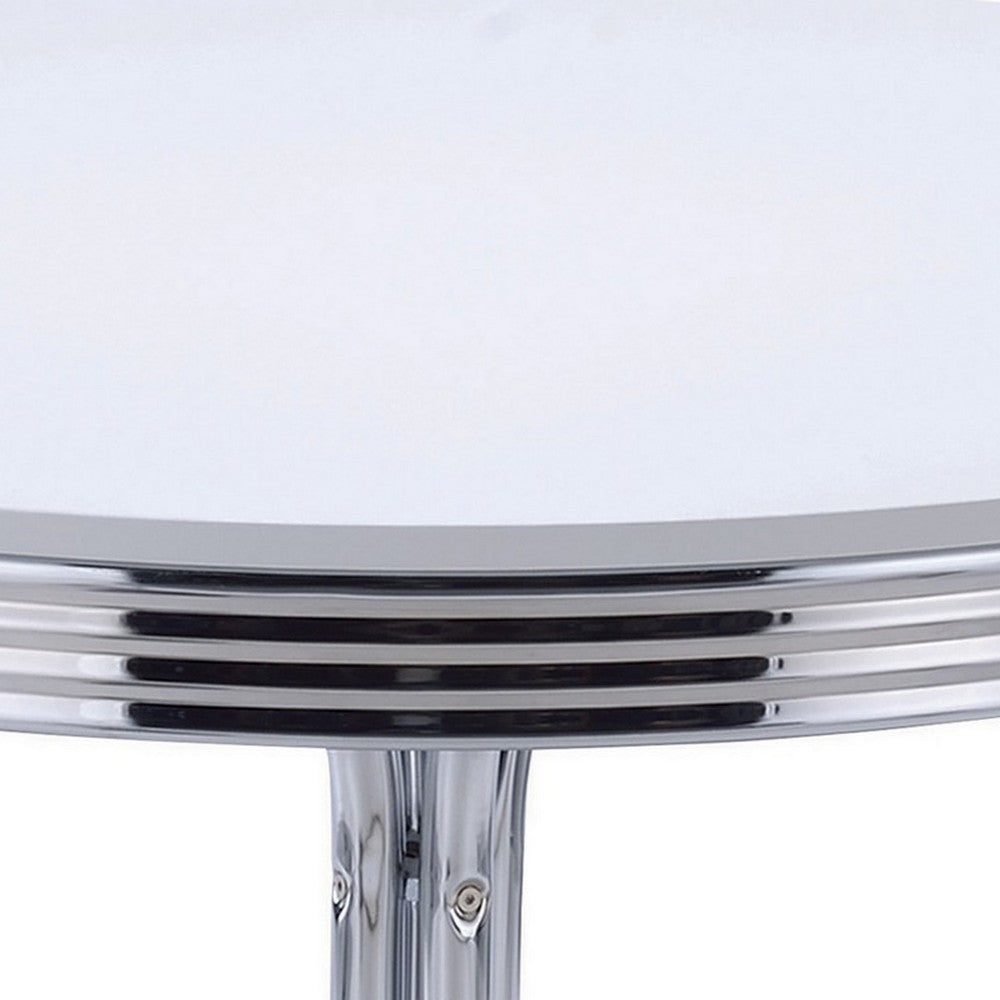 Benjara Loy 42 Inch Round Dining Table, Glossy White Wood Top, Ribbed Chrome Apron