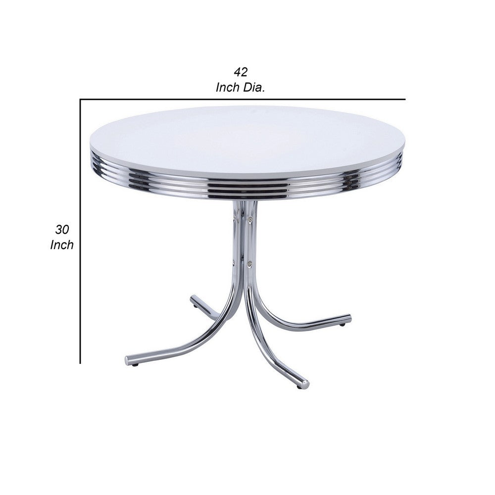 Benjara Loy 42 Inch Round Dining Table, Glossy White Wood Top, Ribbed Chrome Apron