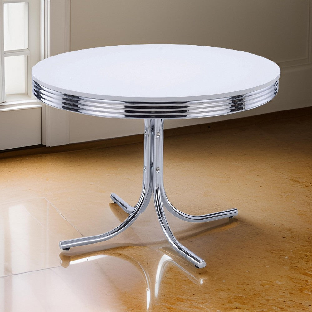 Benjara Loy 42 Inch Round Dining Table, Glossy White Wood Top, Ribbed Chrome Apron