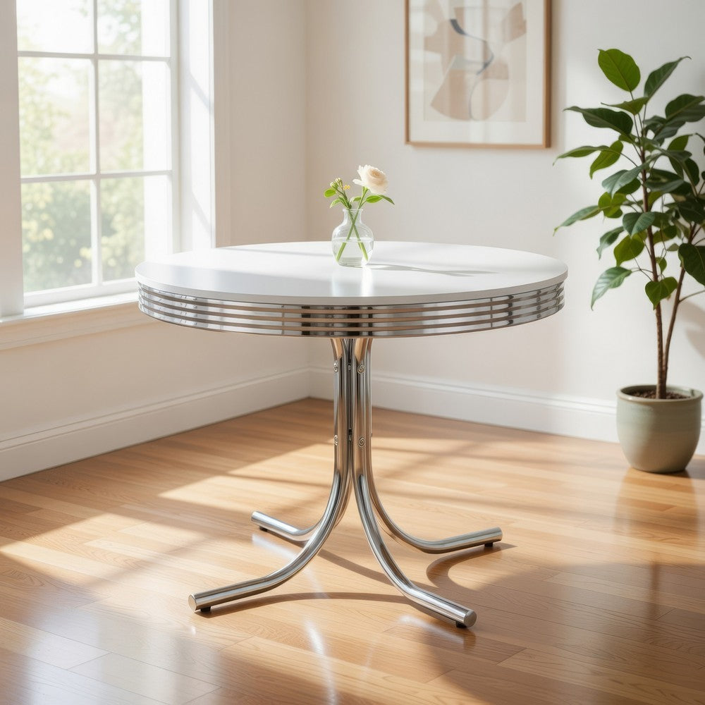 Benjara Loy 42 Inch Round Dining Table, Glossy White Wood Top, Ribbed Chrome Apron