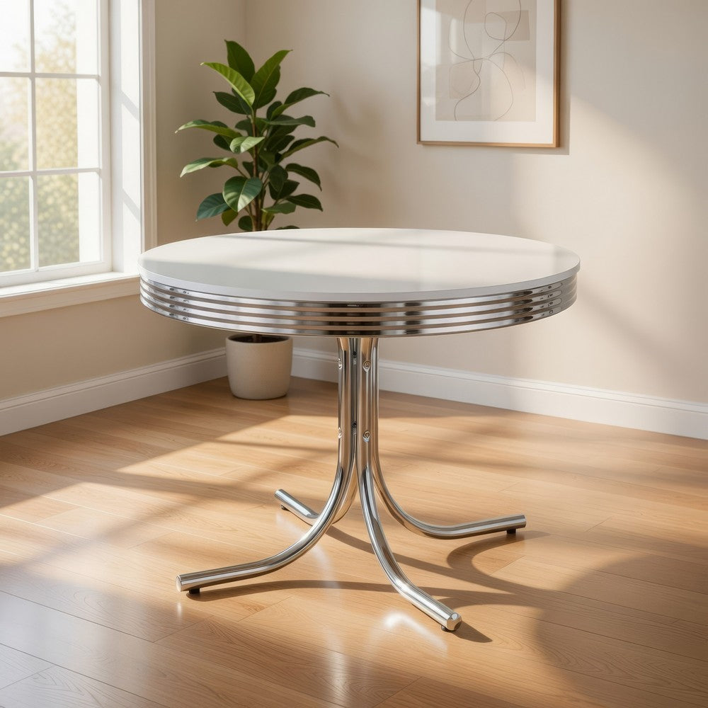 Benjara Loy 42 Inch Round Dining Table, Glossy White Wood Top, Ribbed Chrome Apron