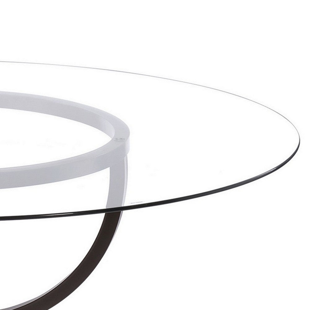 Benjara 48 Inch Round Dining Table, Clear Glass Top, Interlocked Ring Motif Legs