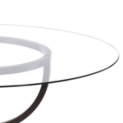 Benjara 48 Inch Round Dining Table, Clear Glass Top, Interlocked Ring Motif Legs