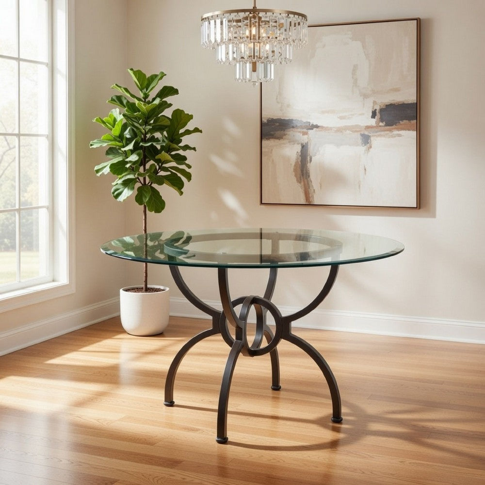 Benjara 48 Inch Round Dining Table, Clear Glass Top, Interlocked Ring Motif Legs