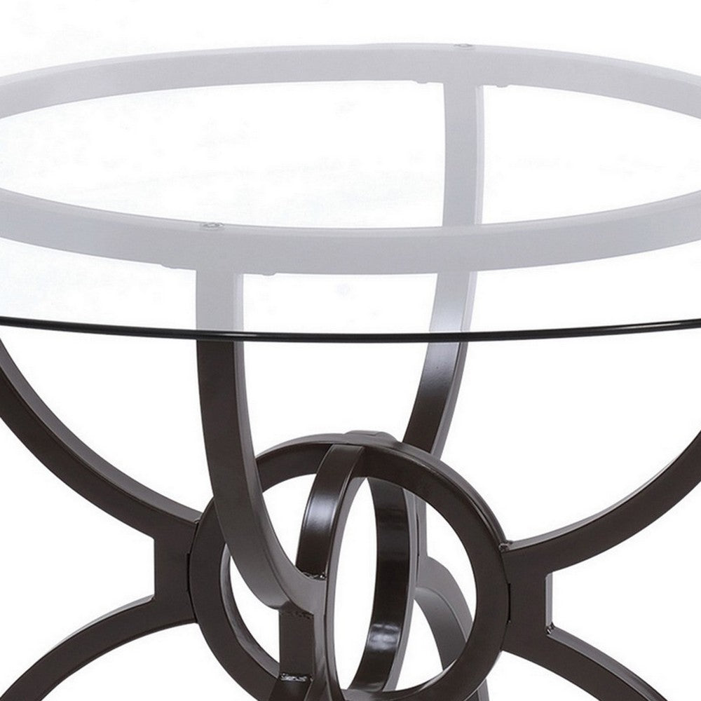Benjara 48 Inch Round Dining Table, Clear Glass Top, Interlocked Ring Motif Legs