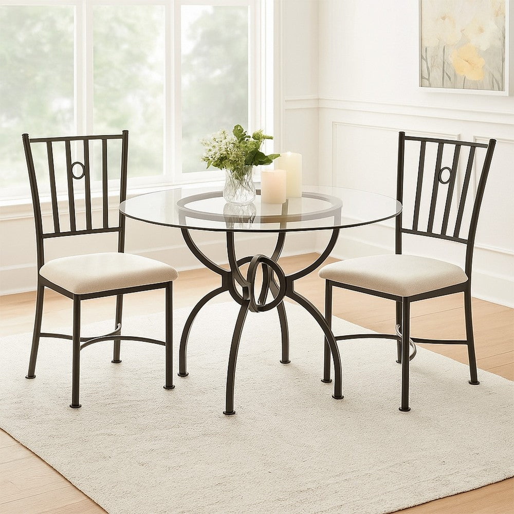 Benjara 48 Inch Round Dining Table, Clear Glass Top, Interlocked Ring Motif Legs