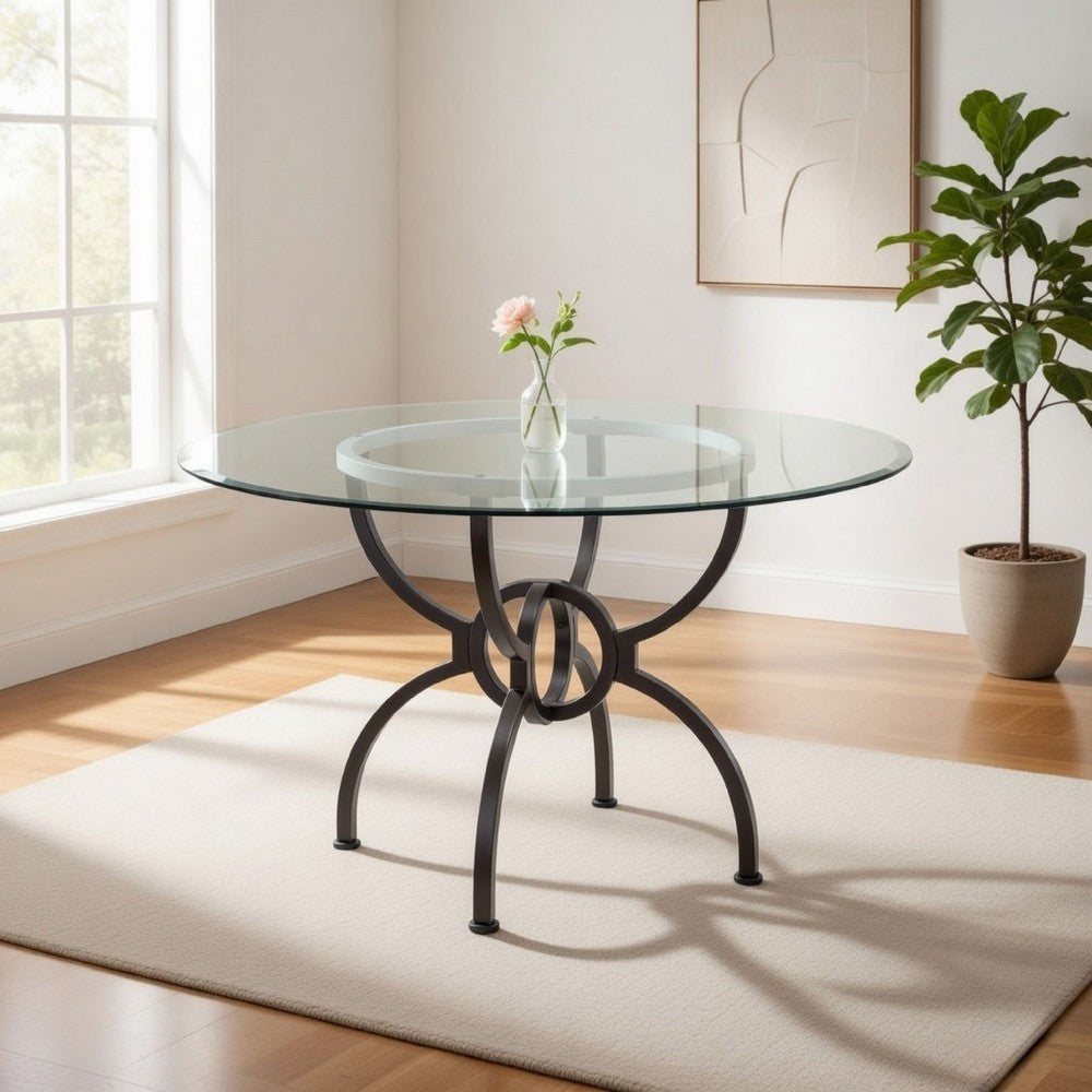 Benjara 48 Inch Round Dining Table, Clear Glass Top, Interlocked Ring Motif Legs