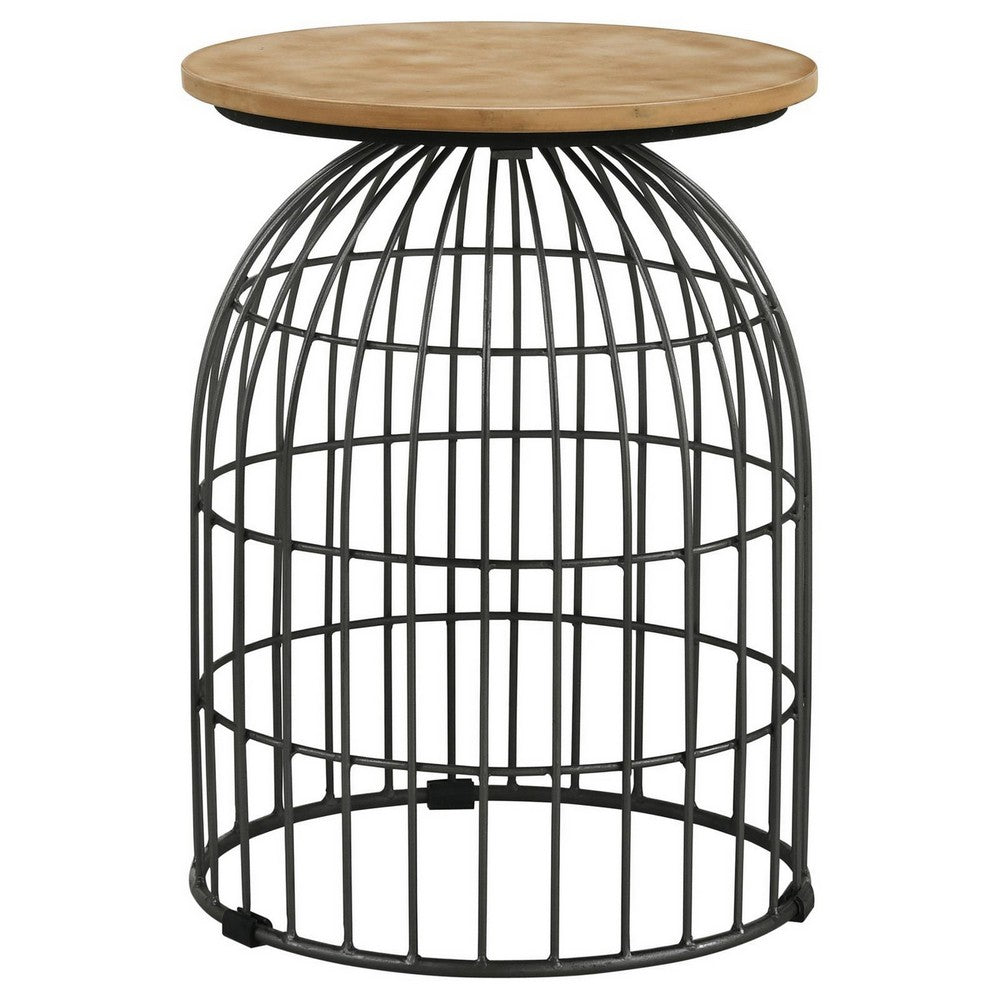 Benjara 21 Inch Round Accent Table with Bird Cage Style Base, Beige Marble, Black