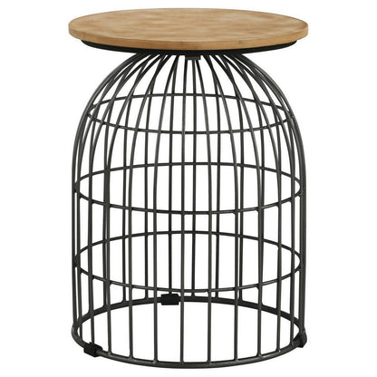 Benjara 21 Inch Round Accent Table with Bird Cage Style Base, Beige Marble, Black