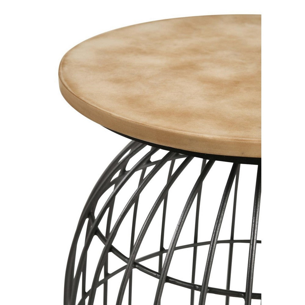 Benjara 21 Inch Round Accent Table with Bird Cage Style Base, Beige Marble, Black