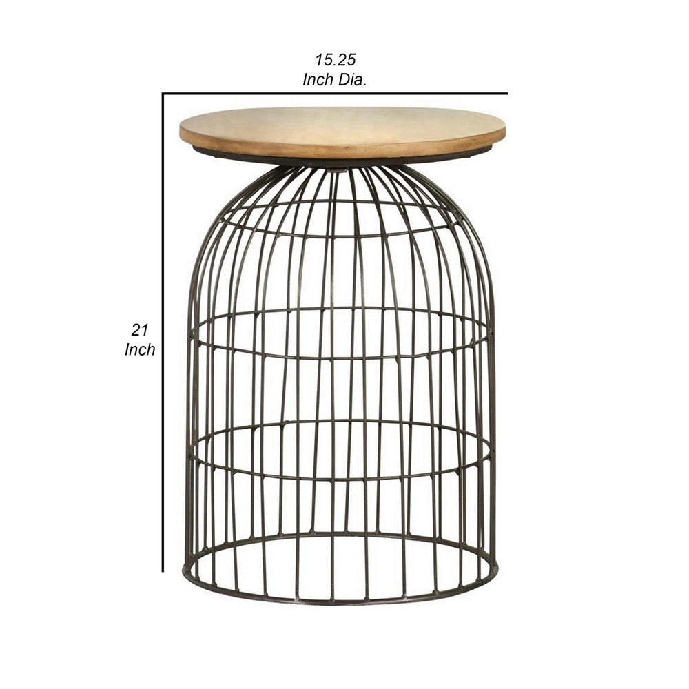 Benjara 21 Inch Round Accent Table with Bird Cage Style Base, Beige Marble, Black
