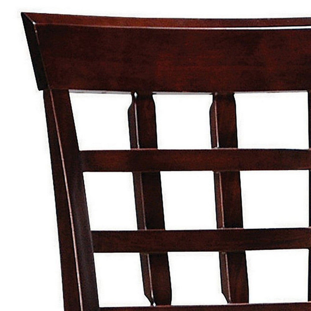 Benjara 25 Inch Set of 2 Counter Height Stools, Lattice Design Back, Tan Fabric Seat, Brown