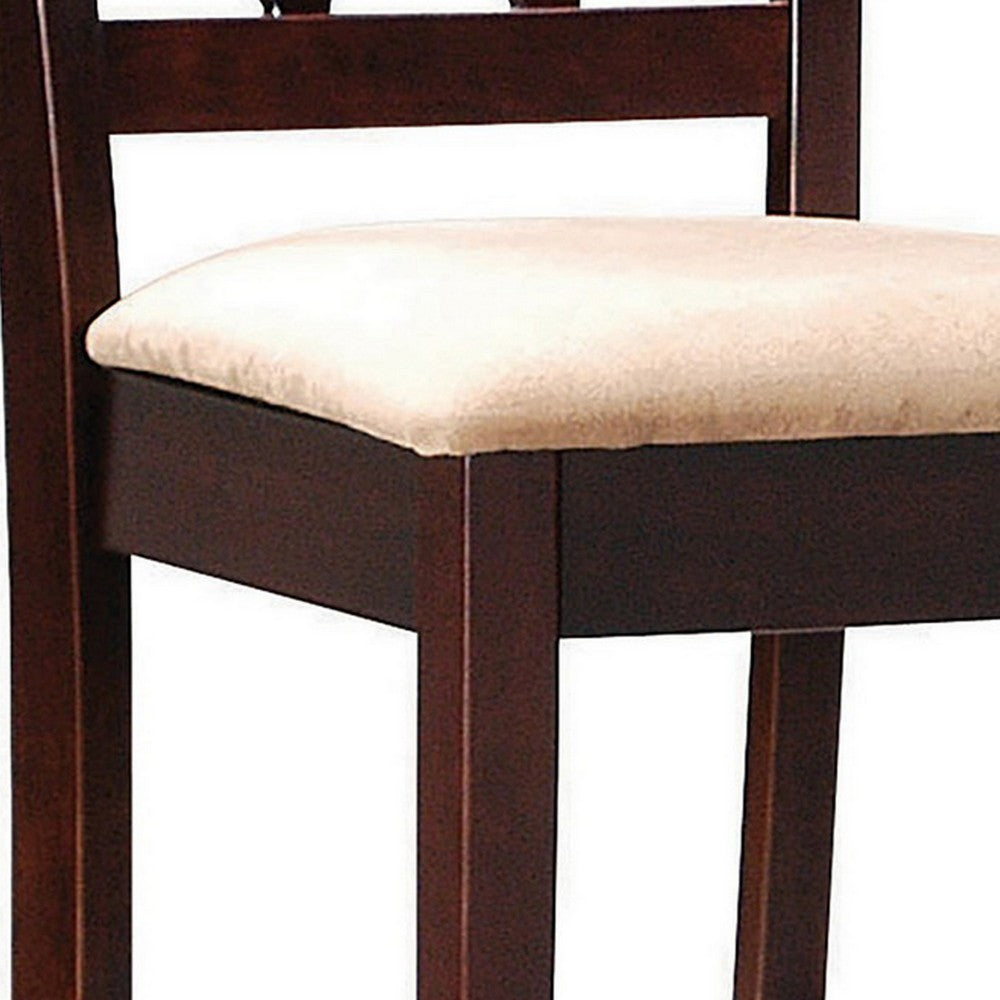 Benjara 25 Inch Set of 2 Counter Height Stools, Lattice Design Back, Tan Fabric Seat, Brown