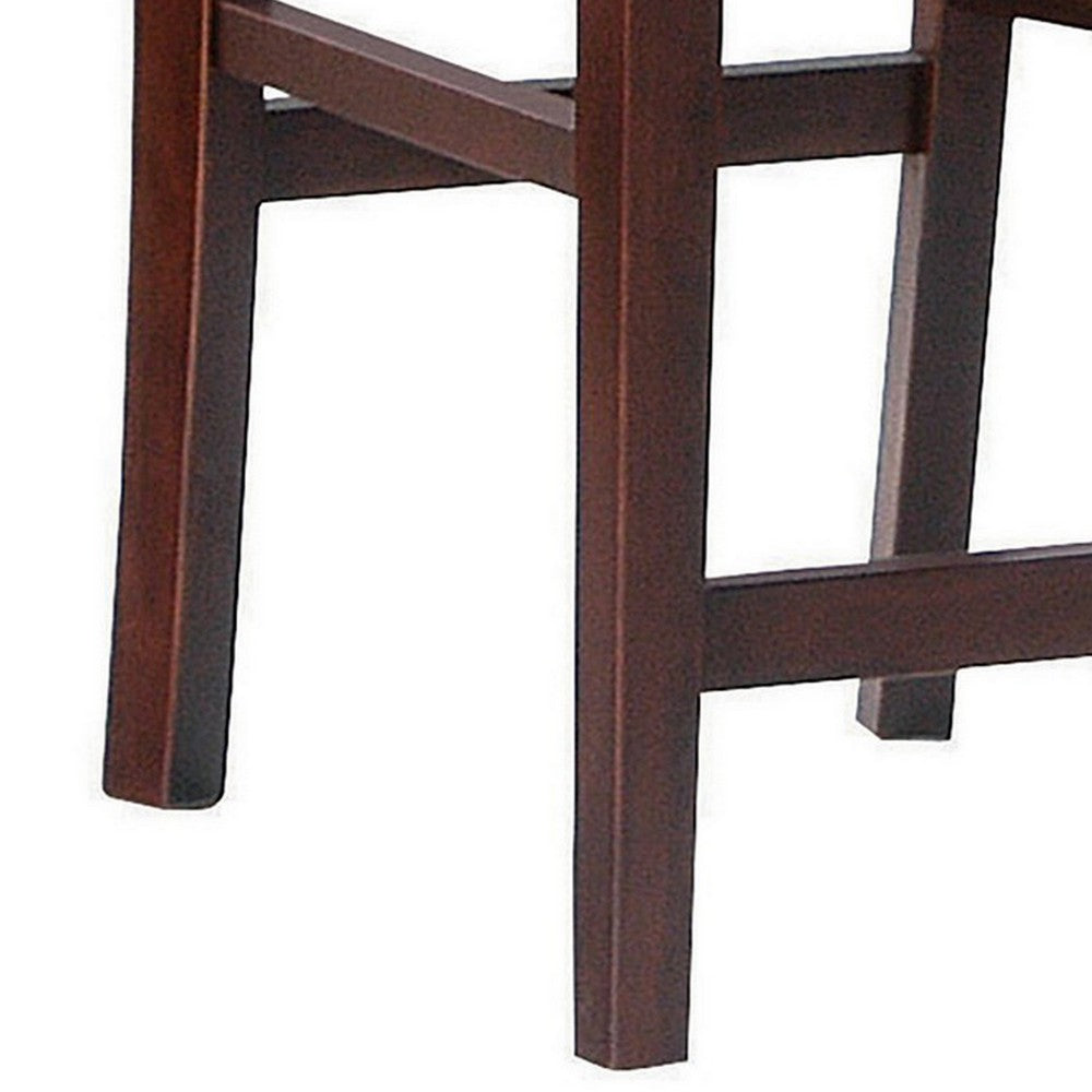 Benjara 25 Inch Set of 2 Counter Height Stools, Lattice Design Back, Tan Fabric Seat, Brown