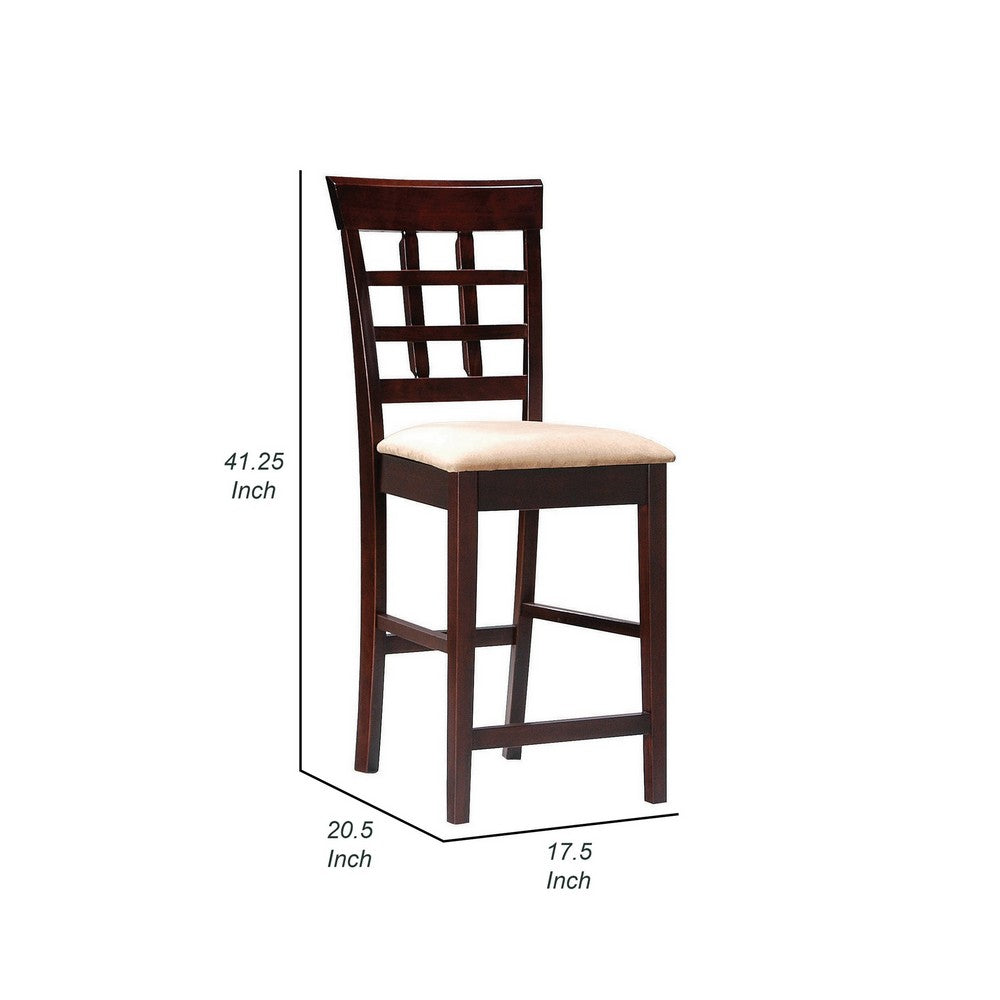 Benjara 25 Inch Set of 2 Counter Height Stools, Lattice Design Back, Tan Fabric Seat, Brown