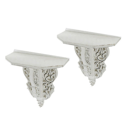 Benjara 14 Inch Set of 2 Wall Decorations, Shelves, Antique White, Carved Design