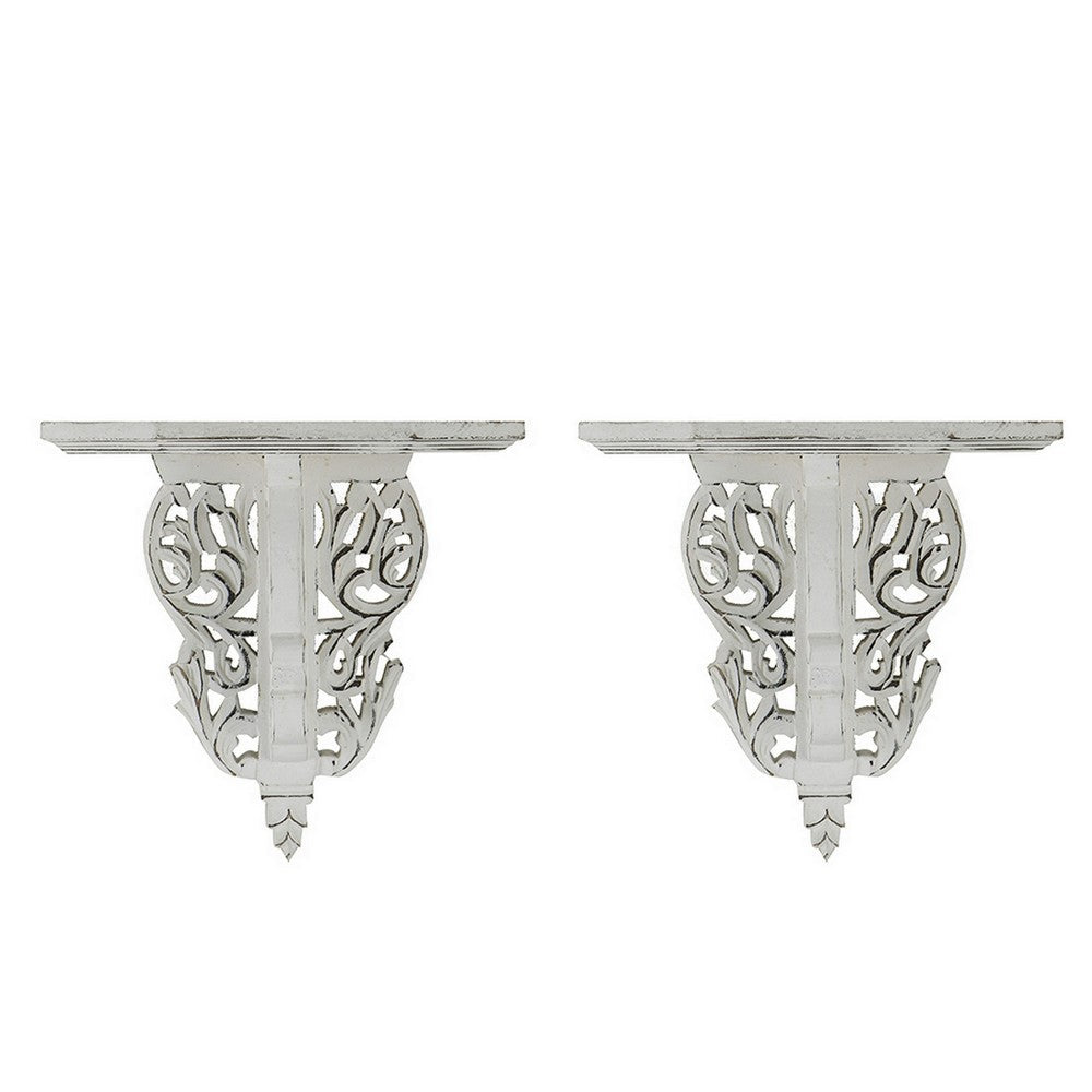 Benjara 14 Inch Set of 2 Wall Decorations, Shelves, Antique White, Carved Design