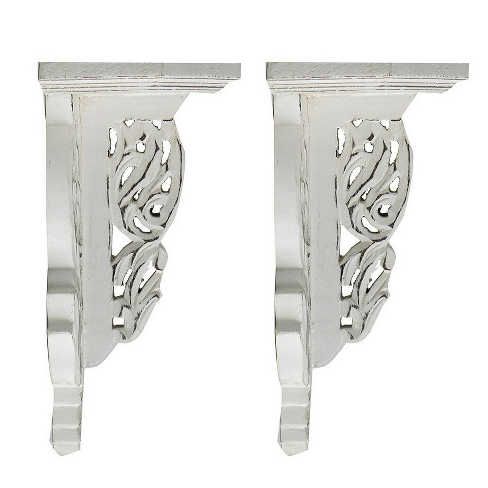 Benjara 14 Inch Set of 2 Wall Decorations, Shelves, Antique White, Carved Design