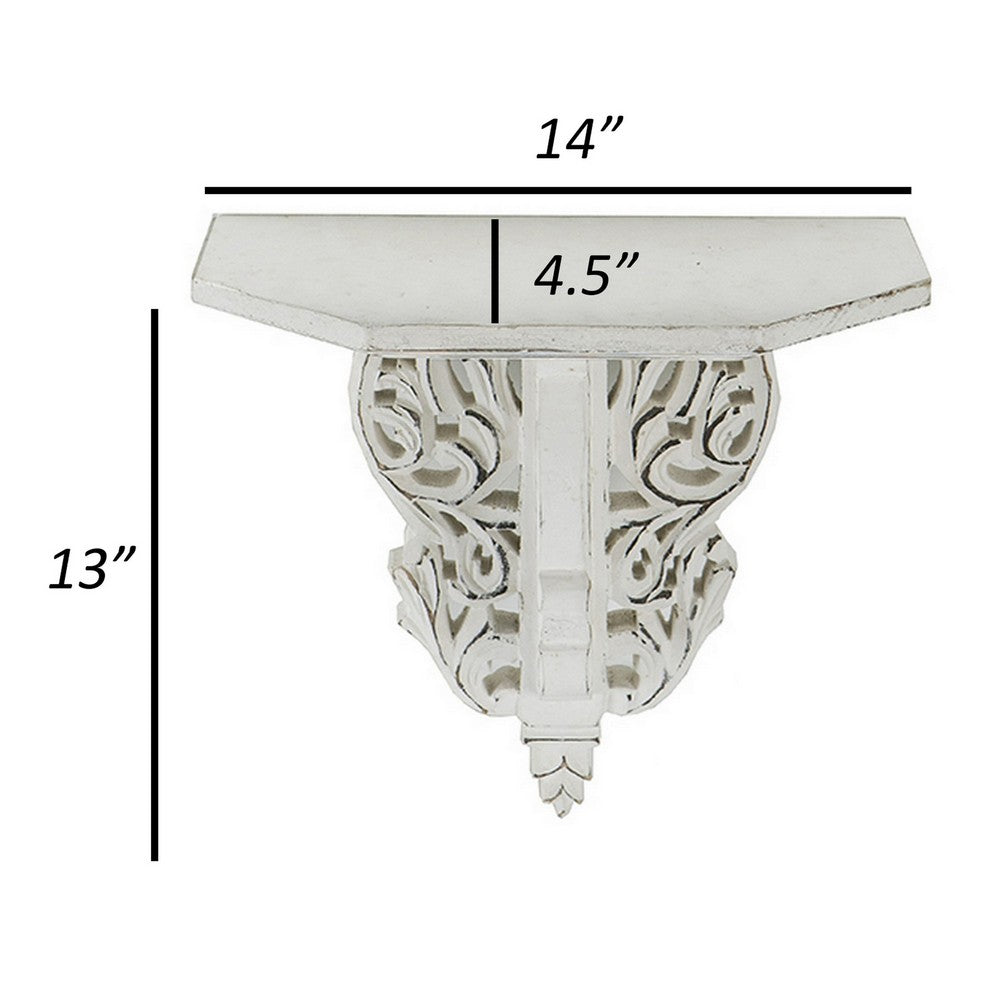 Benjara 14 Inch Set of 2 Wall Decorations, Shelves, Antique White, Carved Design