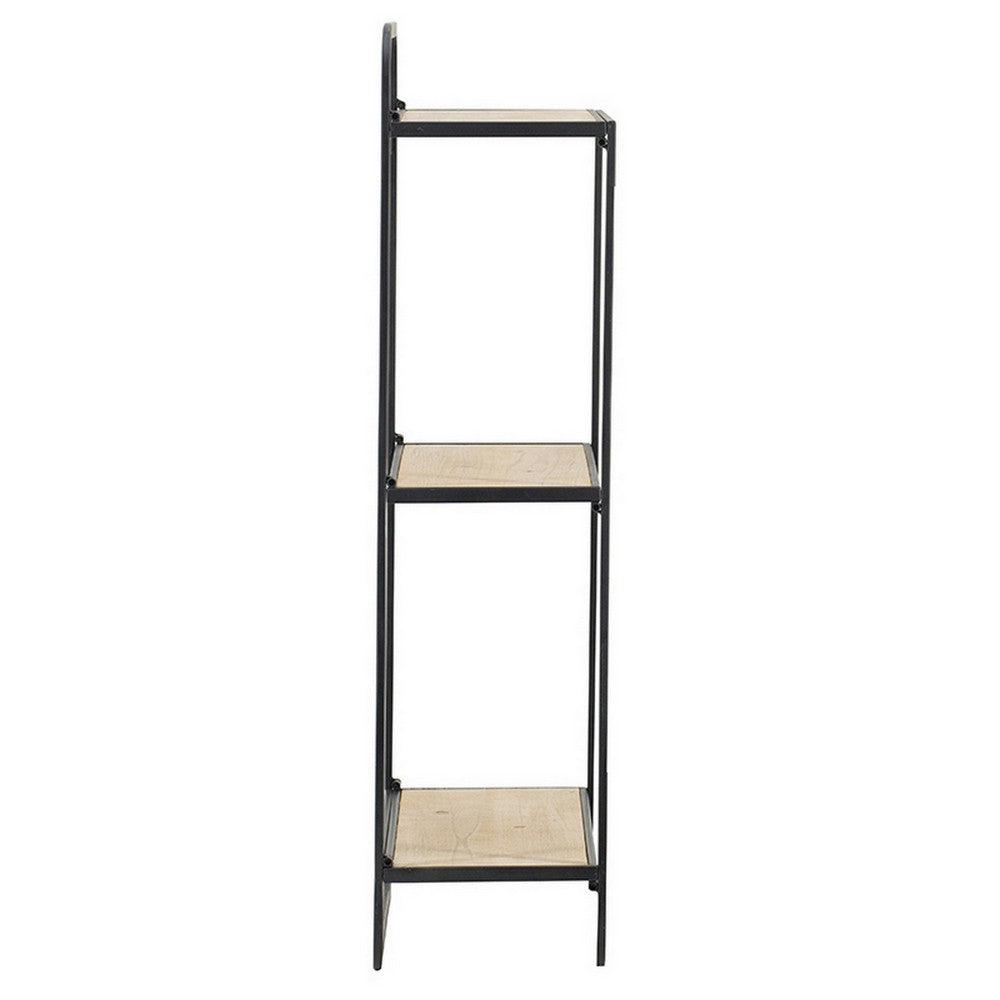 Benjara 32 Inch Shelving Unit, Black Curved Iron Frame, Three Fir Wood Shelves