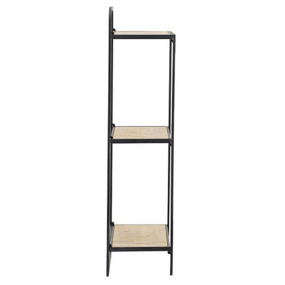 Benjara 32 Inch Shelving Unit, Black Curved Iron Frame, Three Fir Wood Shelves
