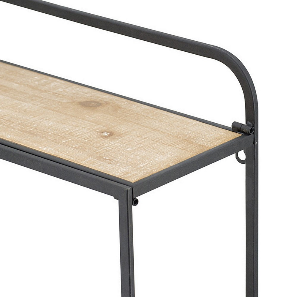 Benjara 32 Inch Shelving Unit, Black Curved Iron Frame, Three Fir Wood Shelves