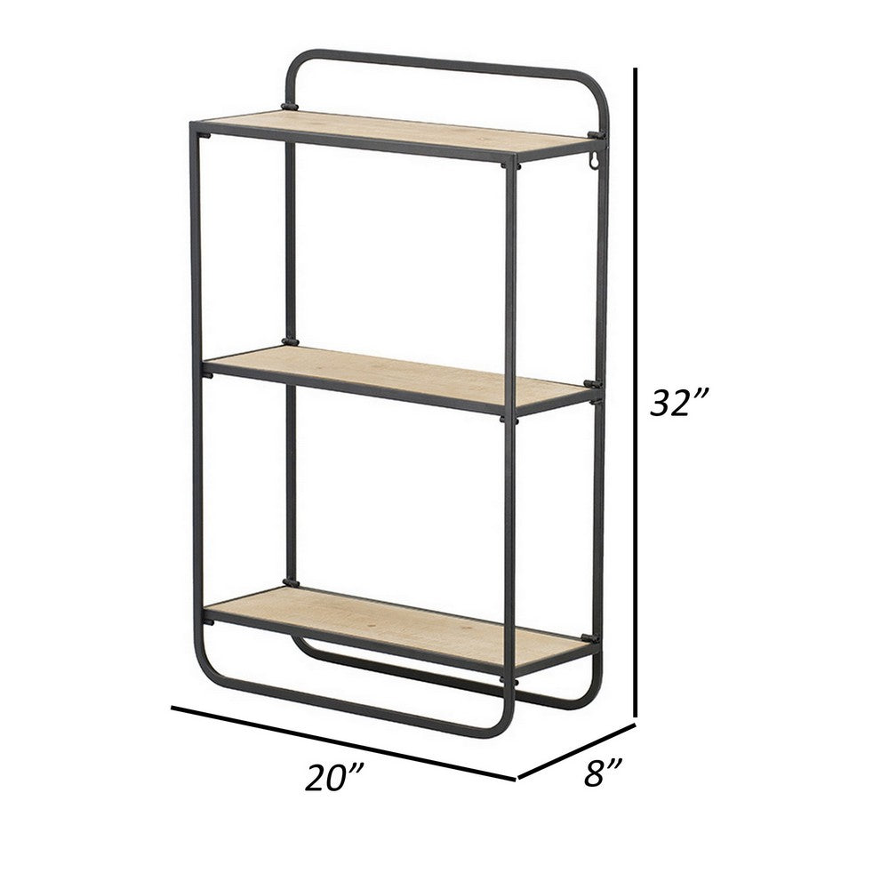Benjara 32 Inch Shelving Unit, Black Curved Iron Frame, Three Fir Wood Shelves