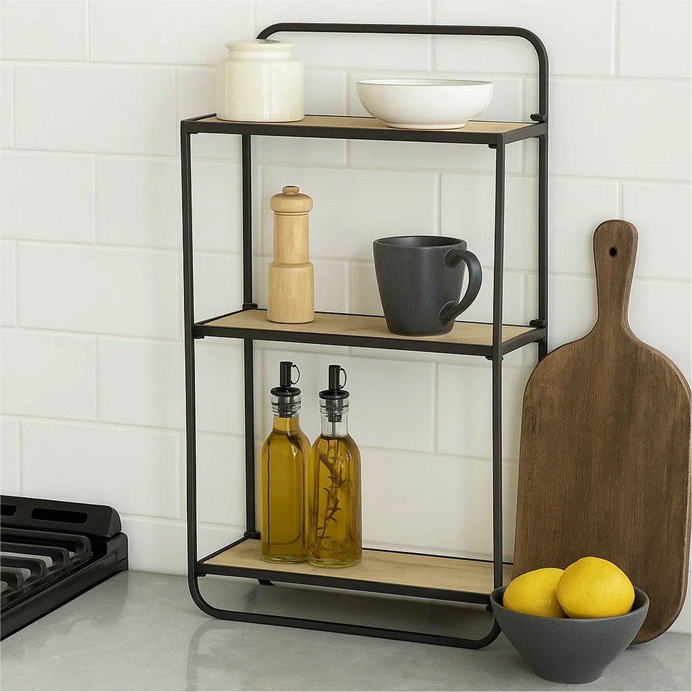 Benjara 32 Inch Shelving Unit, Black Curved Iron Frame, Three Fir Wood Shelves