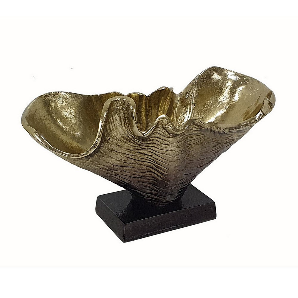 Benjara 15 Inch Curved Shell Decorative Bowl, Aluminum, Square Base, Gold And Black