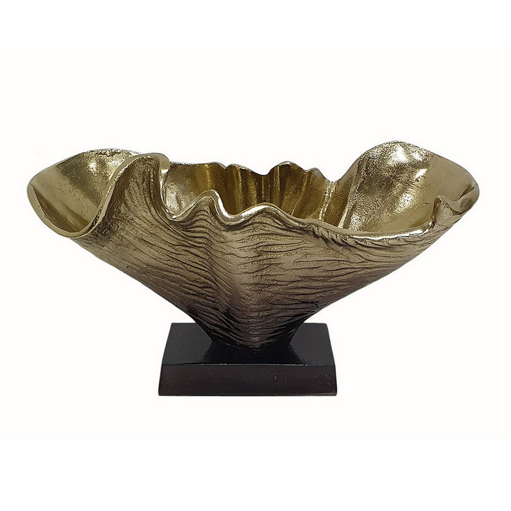 Benjara 15 Inch Curved Shell Decorative Bowl, Aluminum, Square Base, Gold And Black