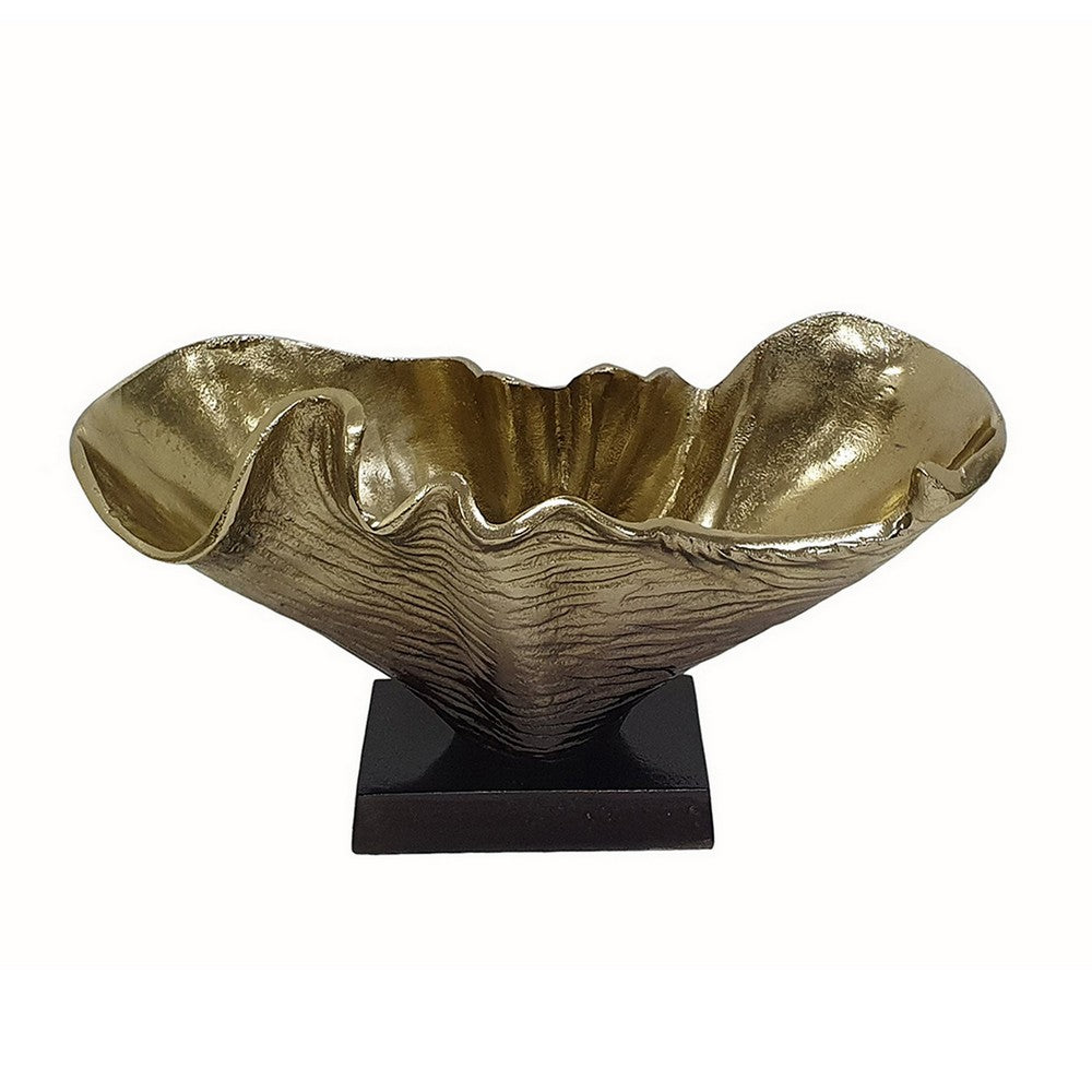 Benjara 15 Inch Curved Shell Decorative Bowl, Aluminum, Square Base, Gold And Black