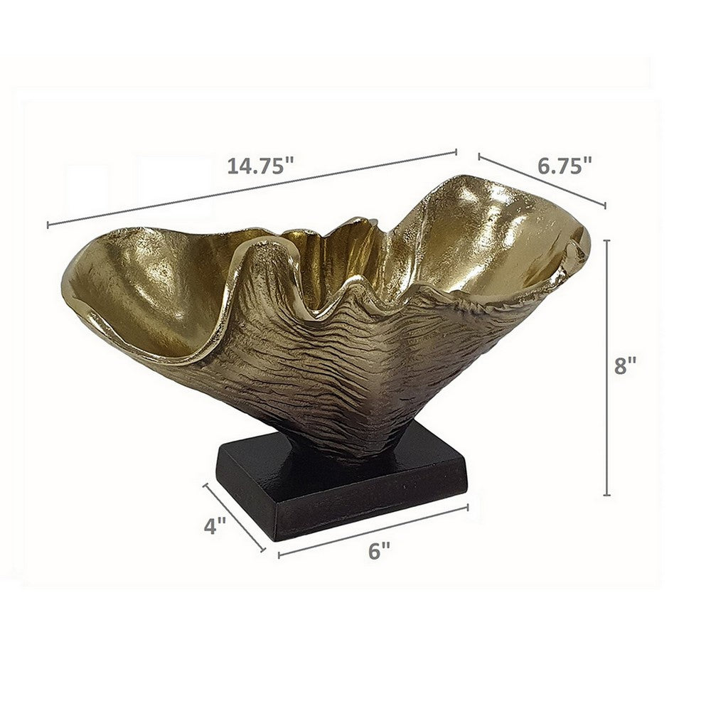 Benjara 15 Inch Curved Shell Decorative Bowl, Aluminum, Square Base, Gold And Black