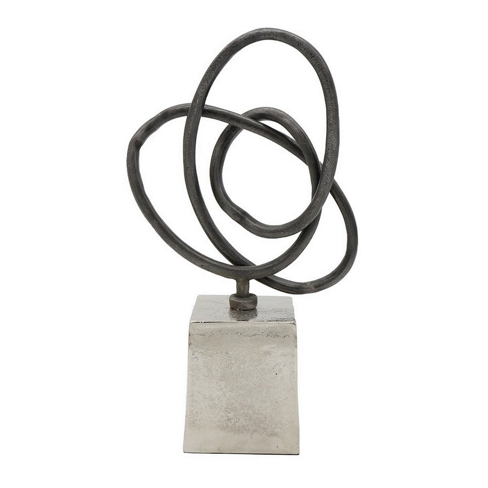 Benjara 9 Inch Table Sculpture, Abstract Loop Design, Block Base, Black, Silver