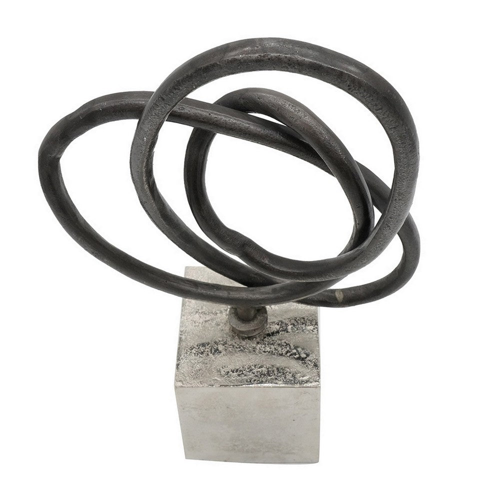 Benjara 9 Inch Table Sculpture, Abstract Loop Design, Block Base, Black, Silver