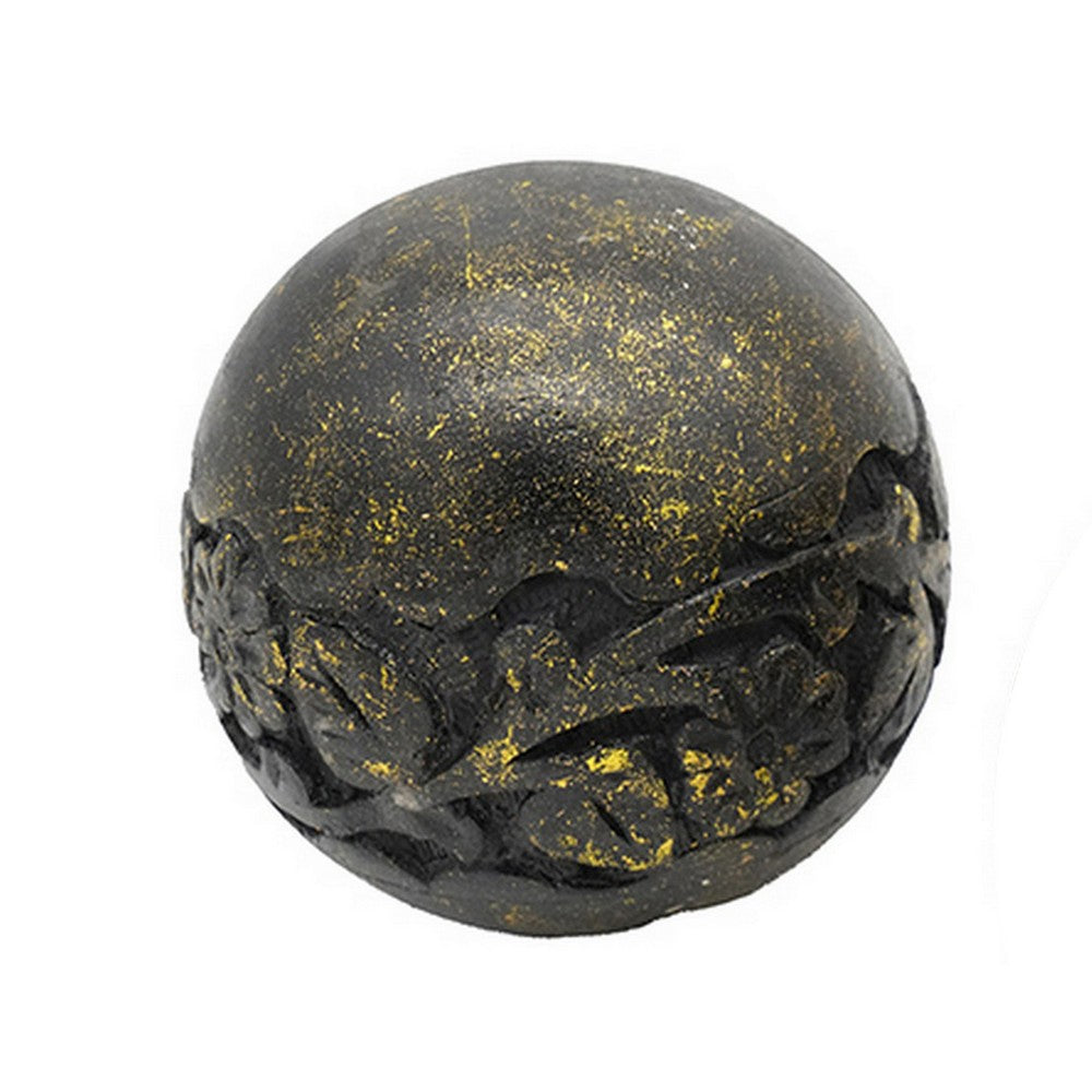 Benjara Set of 3 Decorative Tabletop Round Balls, Carved Mango Wood, Black, Yellow